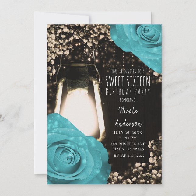 Convites Lâmpada Rustic Glow Turquesa Azul Rosas Sweet 16 (Frente)