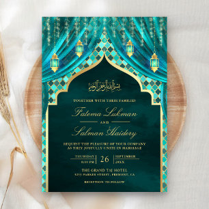 Convites Lâmpadas Douradas Cortina Azul-Musulmana Casamento