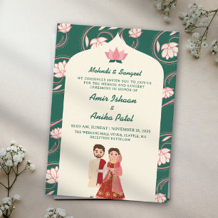 Convites Lâmpadas Elegantes de Lótus Verde Mehndi Sangeet I