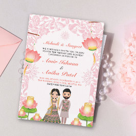 Convites Lâmpadas Elegantes Rosa Lotus Mehndi Sangeet India