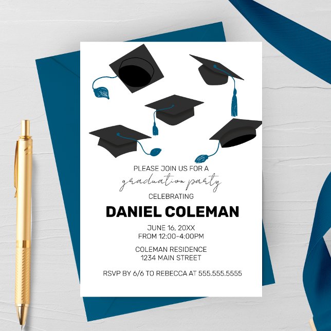 Convites Lançamento de Boina de Formatura Moderna Festa de  (Blue Tassel Hat Toss Graduation Party invitation)