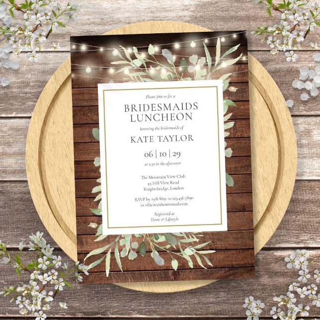 Convites Lanche das Damas de Honra com Luzes de Corda Rústi (Rustic String Lights Greenery Bridesmaids Luncheon Invitation)