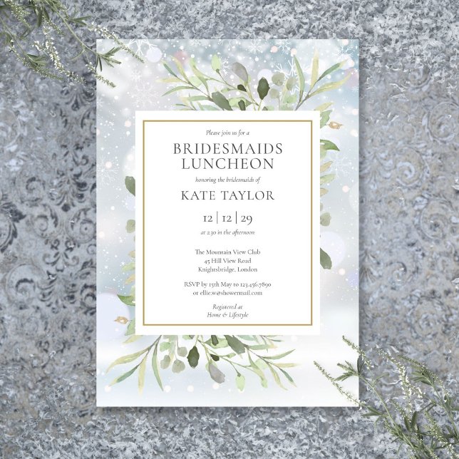 Convites Lanche das Damas de Honra Folhagem de Neve de Inve (Winter Snowflakes Greenery Bridesmaids Luncheon Invitation)