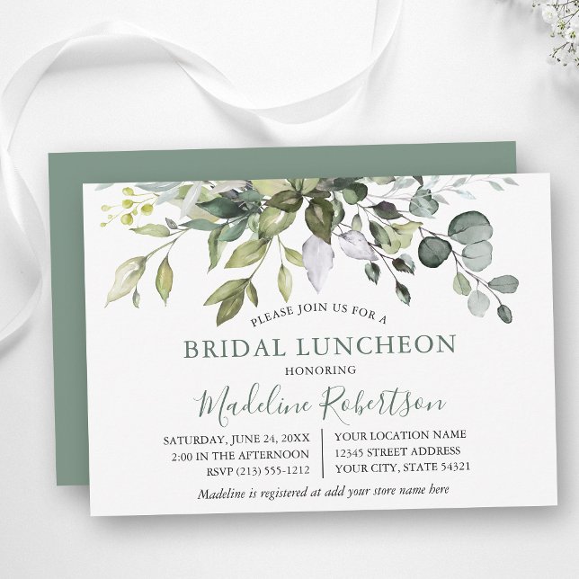 Convites Lanche de Noiva com Vegetação em Aquarela Verde Sa (Customize to change text size, color, text style or color of back of card.)