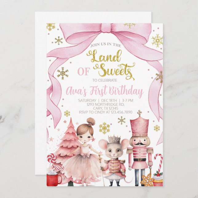 Convites Land of Sweets nutcracker birthday invitation. (Frente/Verso)