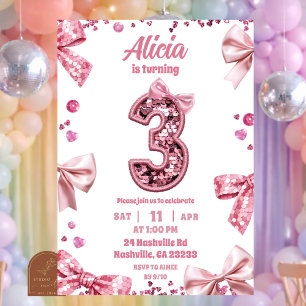 Convites Lantejoulas Arco Rosa Três Aniversário Menina