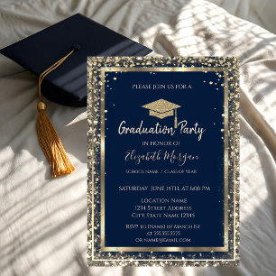Convites Lantejoulas Diamantes Dourado Grad Cap Azul Gradua