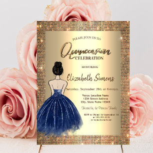 Convites Lantejoulas Douradas,Menina de Vestido Azul Quince