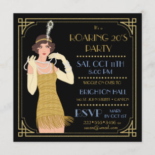 Convites Lantejoulas Douradas Preto Flapper dos Anos 20