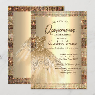 Convites Lantejoulas Douradas, Vestido Chic Quinceañera
