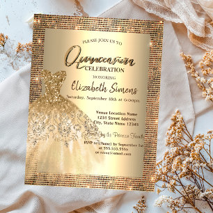 Convites Lantejoulas Douradas, Vestido Chic Quinceañera