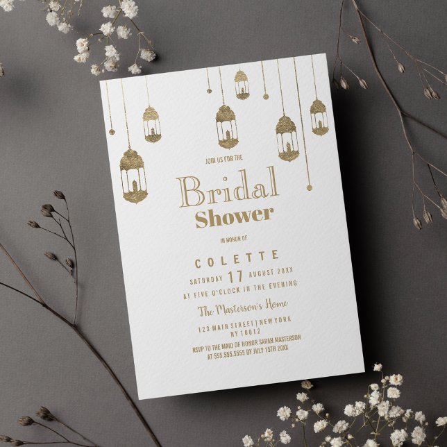 Convites Lanterna branca simples, luzes Chá de panela (Simple white gold lantern lights Bridal Shower Invitation )