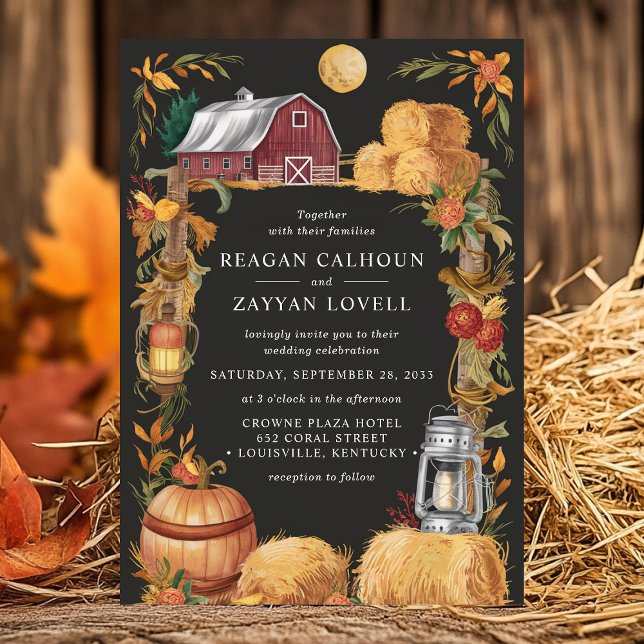Convites Lanterna de Casamento Floral Preto Outono Rústico  (Criador carregado)