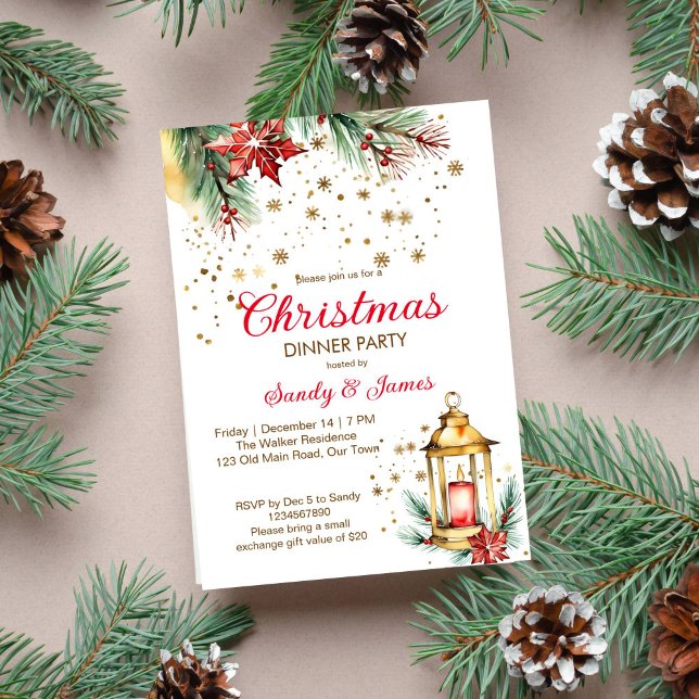 Convites Lanterna do janto de Natal (Christmas dinner party template invitation digital download gold lantern pines gold snowflakes)