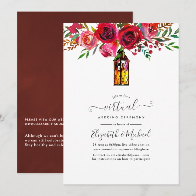 Convites Lanterna Floral Aquarela Casamento Virtual Online (Frente/Verso)