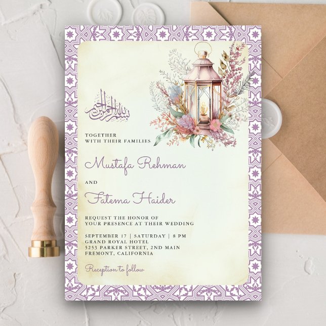 Convites Lanterna Floral Lavanda Rústica Casamento Muçulman (Criador carregado)