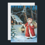 Convites Lanterna Holly Winter Cottage<br><div class="desc">Hora de celebrar as férias. Este impressão de natal vintage retrata um lindo carregando de garotinha,  uma lanterna,  e um saco de doces. Uma cabana de inverno ao fundo.</div>
