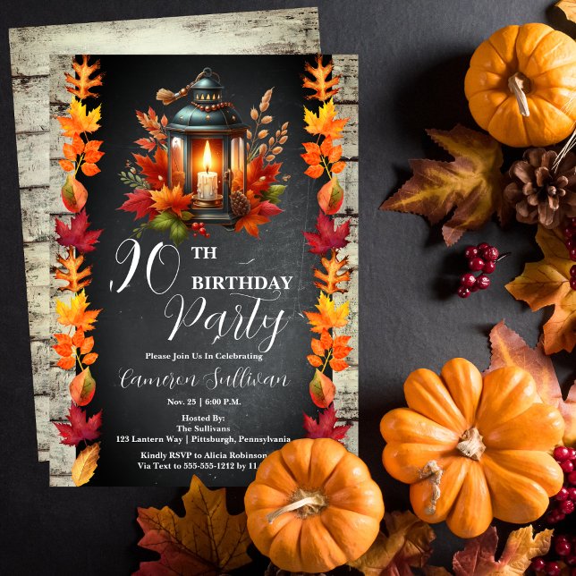 Convites Lanterna russa e folhas caem na Festa de aniversár (Candlelit Lantern and Fall | Autumn Leaves 90th Birthday Party Celebration Invitation)