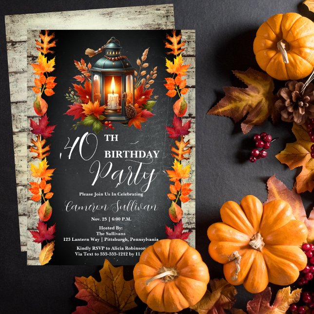 Convites Lanterna Russa e Folhas Caindo aniversário de 40 a (Candlelit Lantern and Fall | Autumn Leaves 40th Birthday Party Celebration Invitation)