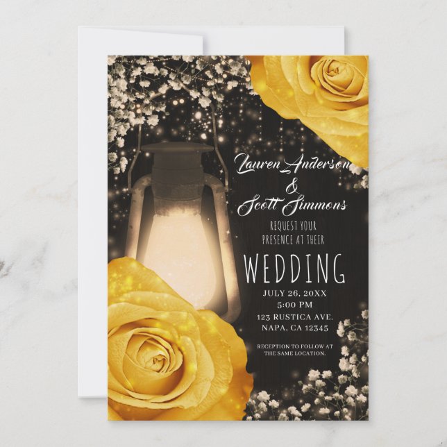 Convites Lanterna Rustic Glow Amarelo Dourado Rosas Casamen (Frente)