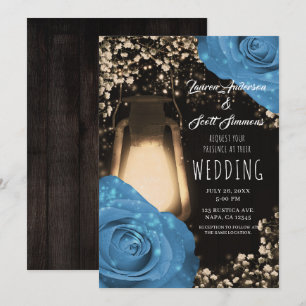 Convites Lanterna Rustic Glow Azul Cornflower Rosas Casamen