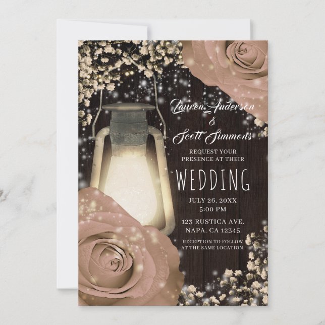 Convites Lanterna Rustic Glow Bege Rosas Casamento de Ranch (Frente)