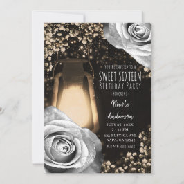 Convites Lanterna Rustic Glow Cinza Prata Rosas Doze Anos