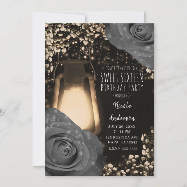 Convites Lanterna Rustic Glow Cinza Quente Rosas Festa Aniv (Frente)