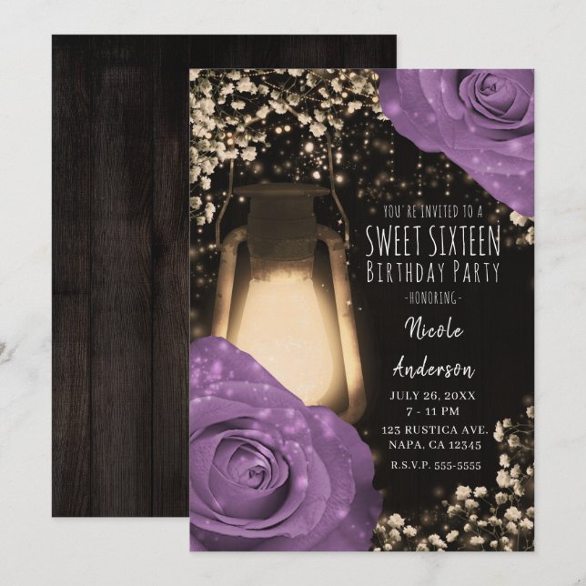 Convites Lanterna Rustic Glow Lilás Rosas Roxas Sweet 16 (Frente/Verso)