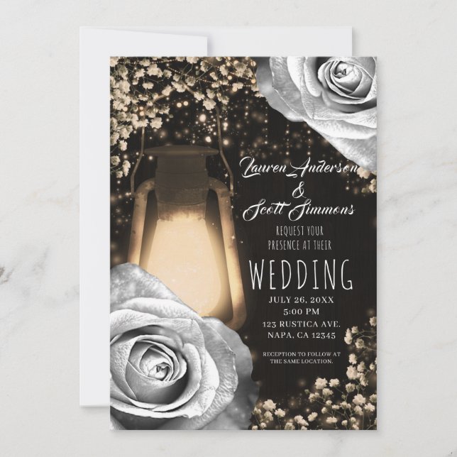 Convites Lanterna Rustic Glow Rosa Cinza Prata Casamento (Frente)