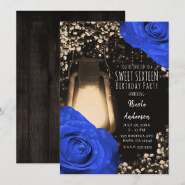 Convites Lanterna Rustic Glow & Rosas Azul Cobalto Sweet 16