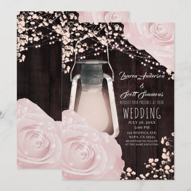 Convites Lanterna Rustic Glow Rosas Bebê Rosa Casamento (Frente/Verso)