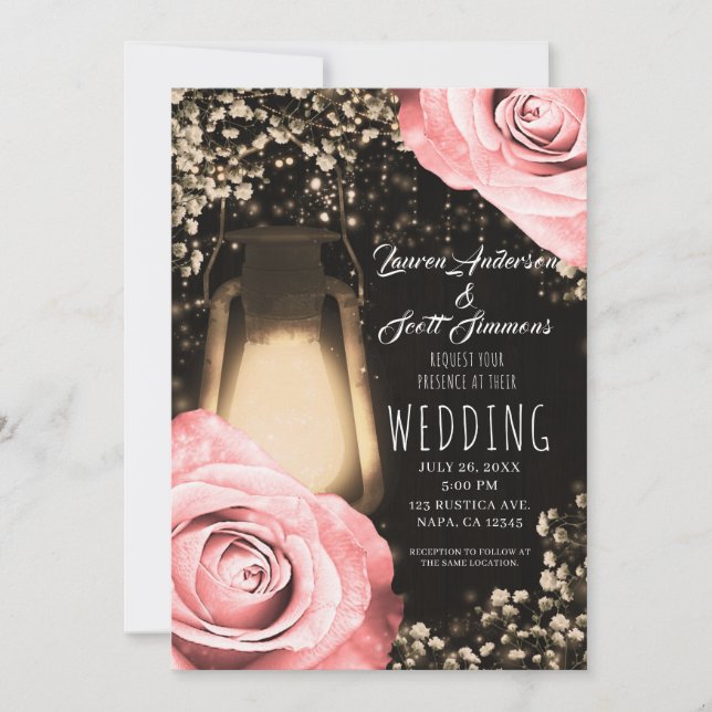 Convites Lanterna Rustic Glow Rosas Bege Casamento (Frente)