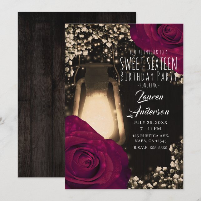 Convites Lanterna Rustic Glow & Rosas Magenta Sweet 16 (Frente/Verso)