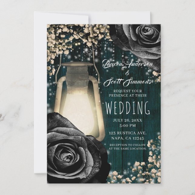 Convites Lanterna Rustic Glow Rosas Pretas & Casamento Teal (Frente)