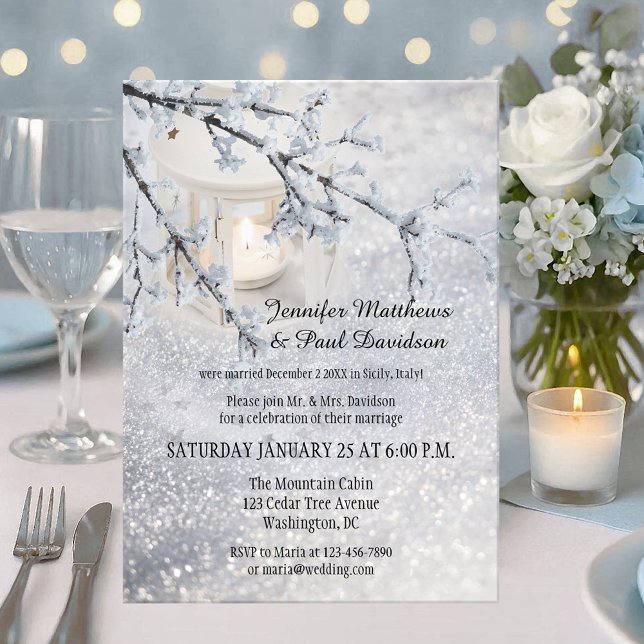 Convites Lanterna Snow Winter Posta Festa de casamento Conv (Wedding reception only invitation showing a candle lit lantern in a winter scene with sparkling snow)