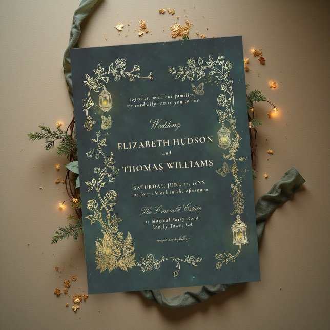 Convites Lanterna Verde Conto de Fadas Casamento Fairycore  (fairytale wedding invitation enchanted forest woodland fairycore lanterns emerald green gold)