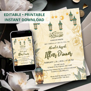 Convites Lanterna Verde e Floral Dourado Ramadan Iftar
