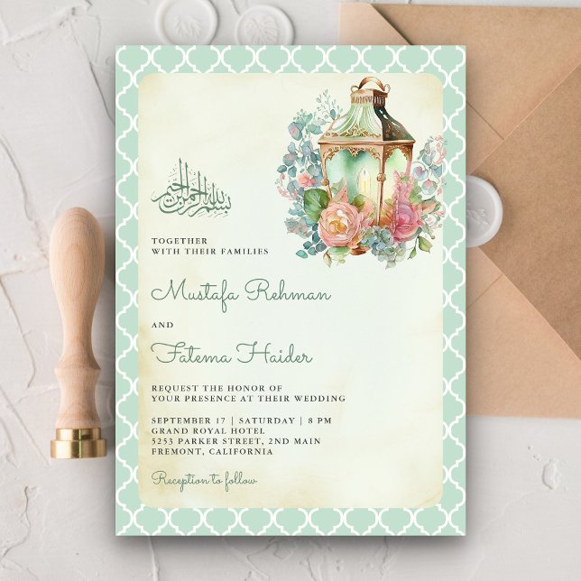Convites Lanterna Verde Musulmana Floral Rústica Casamento (Criador carregado)