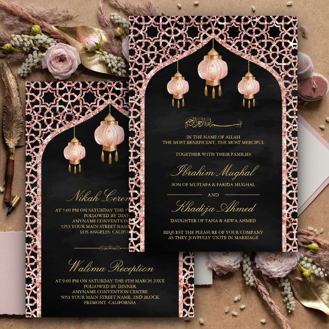 Convites Lanternas Cor-de-Rosa Rosa Negra Dourado Casamento (Criador carregado)