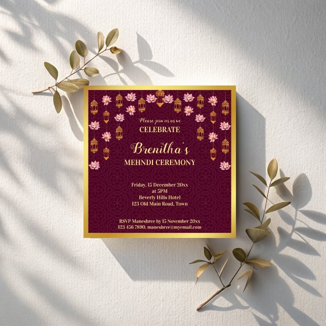 Convites Lanternas de lótus e árabes Mehndi, casamento indi (Lotus and Arabian lanterns maroon Indian wedding mehndi Invitation template instant dowmmload)