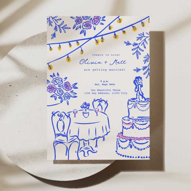 Convites Lanternas Desenhadas Da Mão Branca De Azul (Whimsical Hand Drawn Lanterns Wedding Blue Invitation)