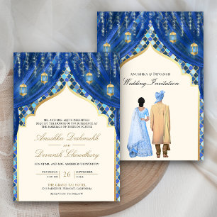 Convites Lanternas Douradas Casal Indiano Azul Casamento
