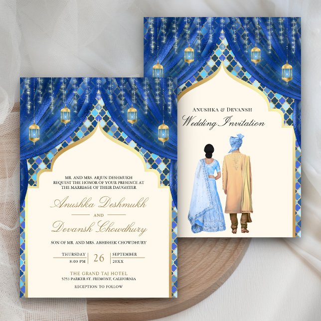 Convites Lanternas Douradas Casal Indiano Azul Casamento (Criador carregado)