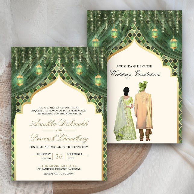 Convites Lanternas Douradas Casal Indiano Casamento Verde S (Criador carregado)