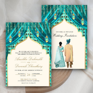 Convites Lanternas Douradas Casal Indiano Teal Casamento