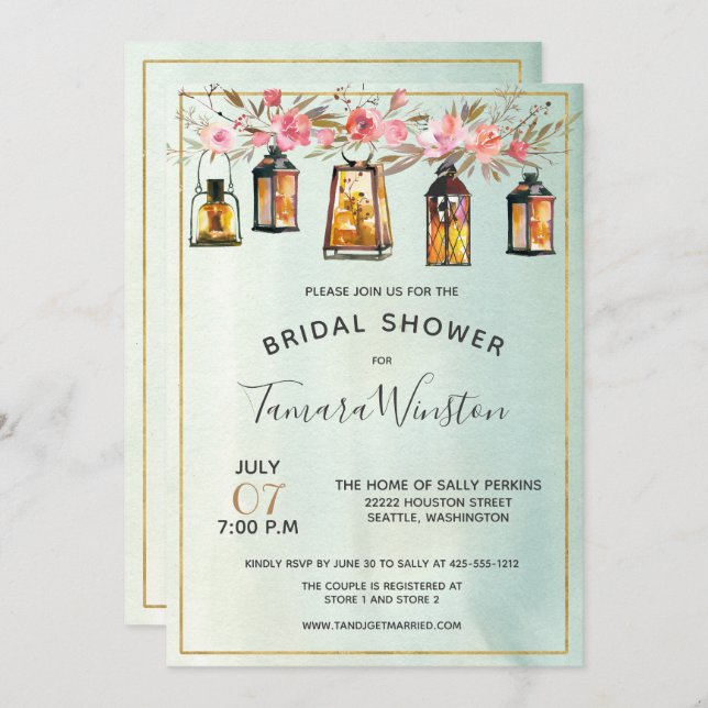 Convites Lanternas Florais de Aquarela Rosa Chá de panela D (Frente/Verso)
