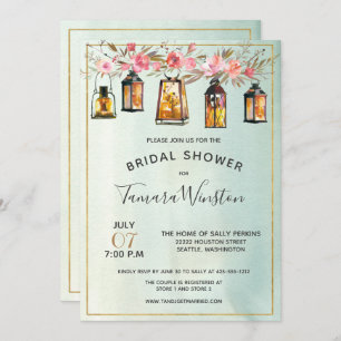 Convites Lanternas Florais de Aquarela Rosa Chá de panela D