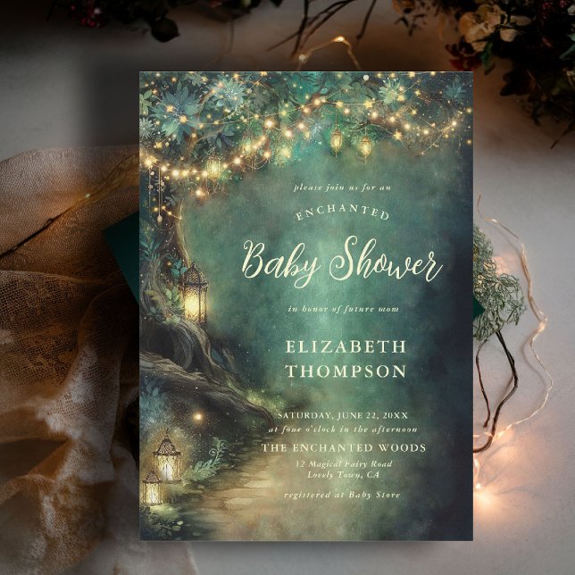 Convites Lanternas Mágicas Florestais Encantadas Lanternas  (enchanted forest baby shower invitation woodland lanterns magical tree fairy tale storybook)