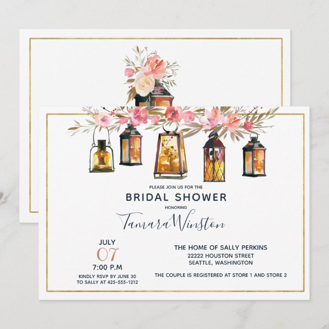 Convites Lanternas Românticas Russas Chá de panela Dourado  (Frente/Verso)